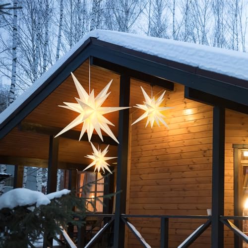Image of SUNBEAUTY 21 Inches White Large Moravian Stars Outdoor Light Warm White LED Hanging Star Lights 3D Christmas Tree Topper Star for Holiday Wedding Birthday Porch Party Decor