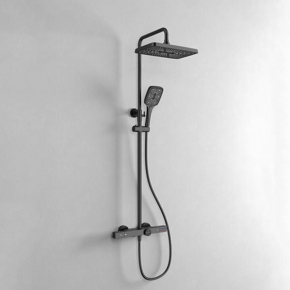 NGDFGR Thermostatic Shower, Modern And Simple Exposed Rain Shower Head, Pocket Wat Design Complete Shower Faucet Set With Handheld, Bathtub Faucet, Copper Valve, Adjustable Flow,Black