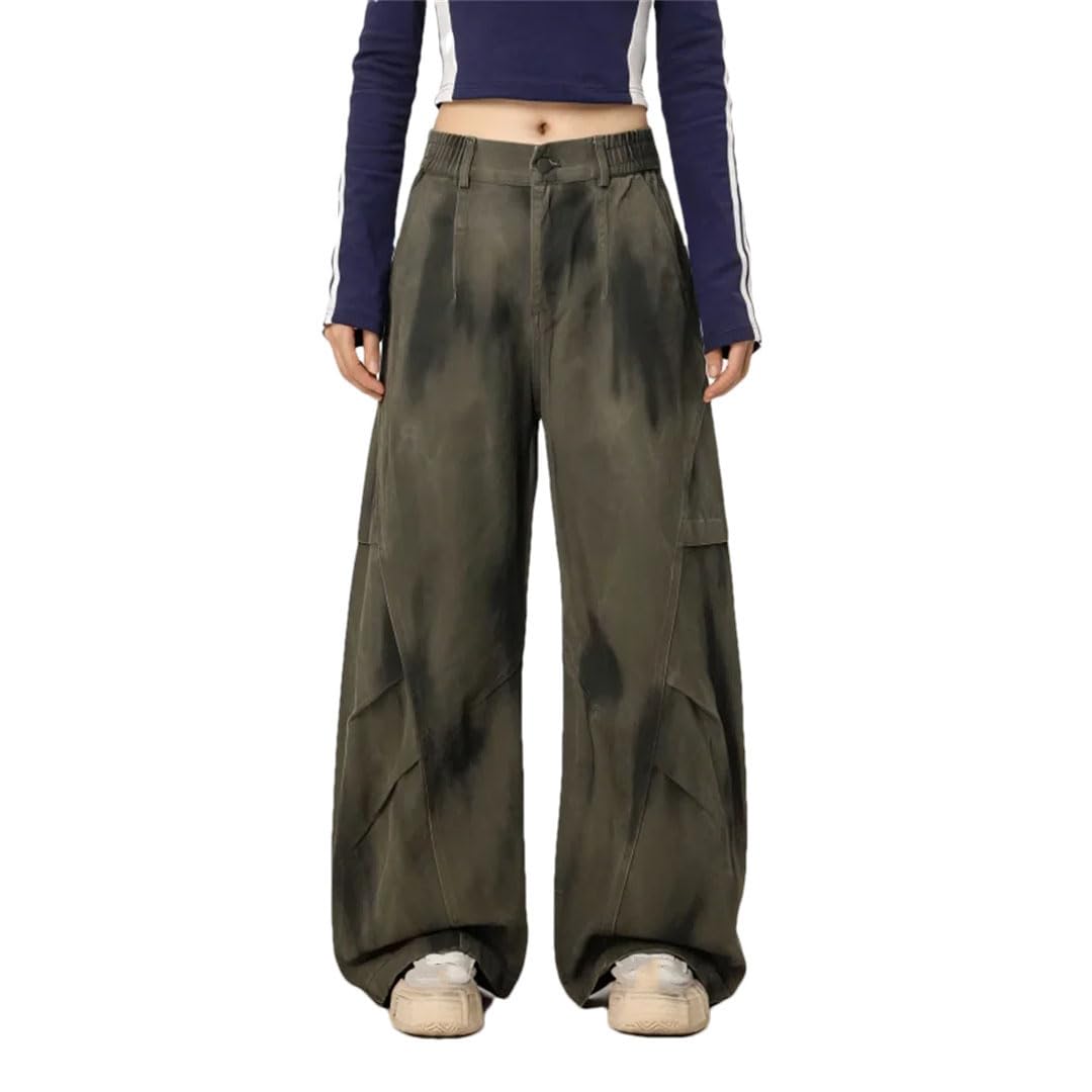 Womens Wide Leg Sweatpants Casual Loose Fit Retro Ankle-Length Work Pants with Zipper Fly and Pockets