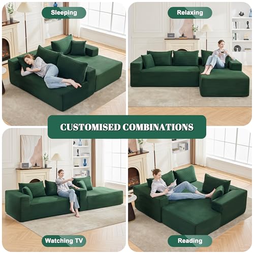 110” Cloud Sectional Couch, Boneless Sofa for Living Room, Modular Sectional Sofa with Deep Seat, Comfy Fluffy Couch with L-Shaped Chaise, No Assembly Required (Right-Facing Chaise, Green)