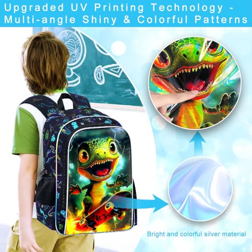 Image of 3Pcs Dinosaur Backpack for Boy, 16 inch Bookbag with Lunch Box, Kids School Backpacks for Elementary Preschool Kindergarten (Black)