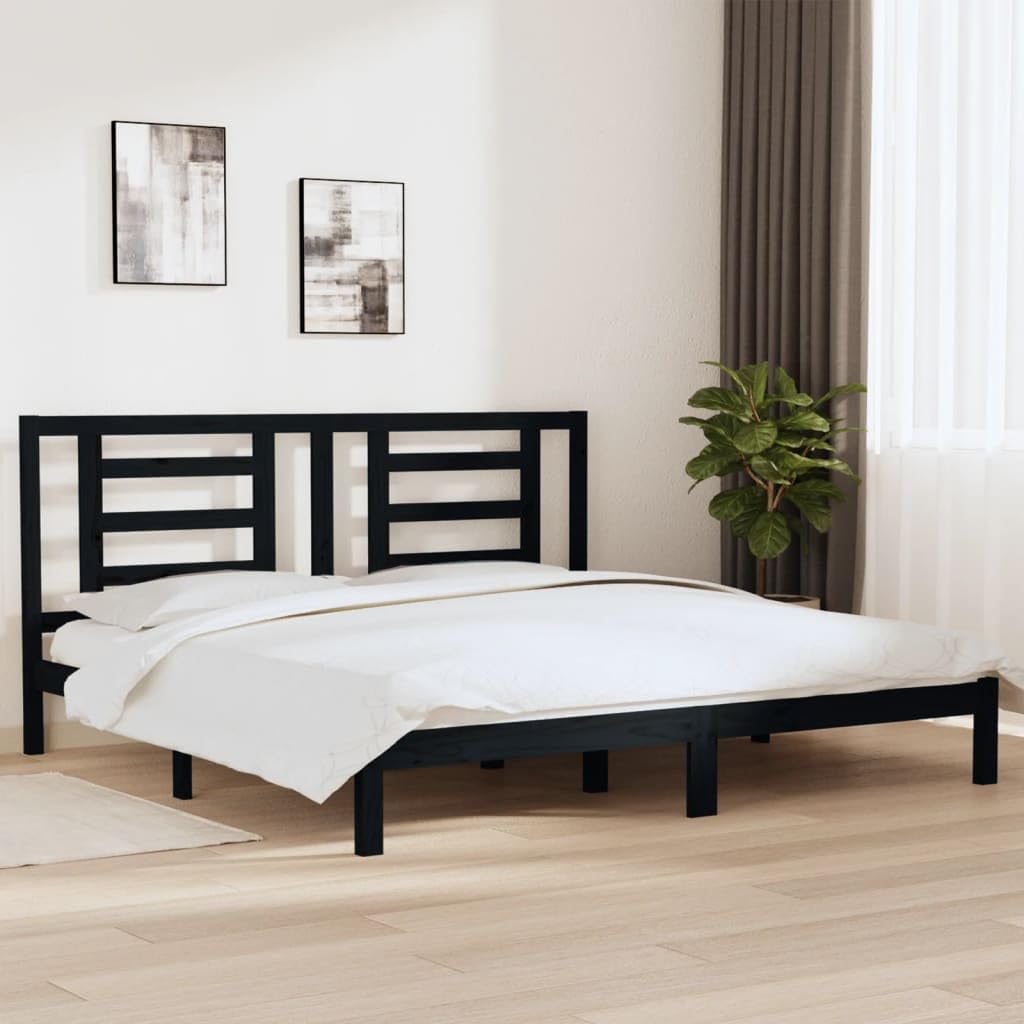 Lite drewno sosnowe nowoczesny wystrój sypialni 200 x 200 cm czarny | Rama łóżka czarna lite drewno sosnowe 200x200 cm z zagłówkiem nowoczesna
