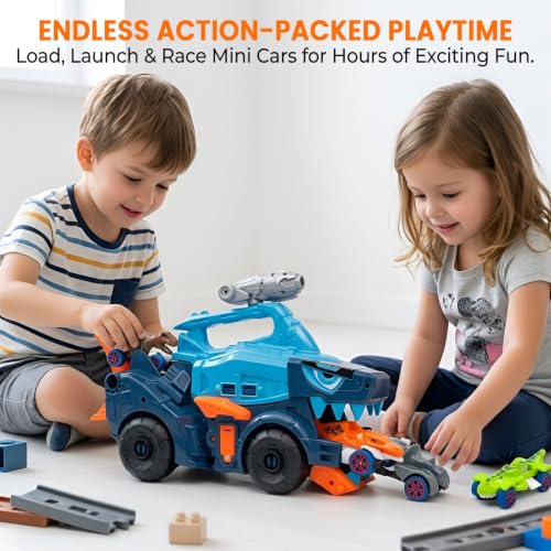 Image of WireScorts Big Hauler Mechanical Shark Truck Transporter Toy with Dart Launcher and 4 Mini Cars, Big Hauler Truck with Light & Sound for Boys & Girls 3+ Years