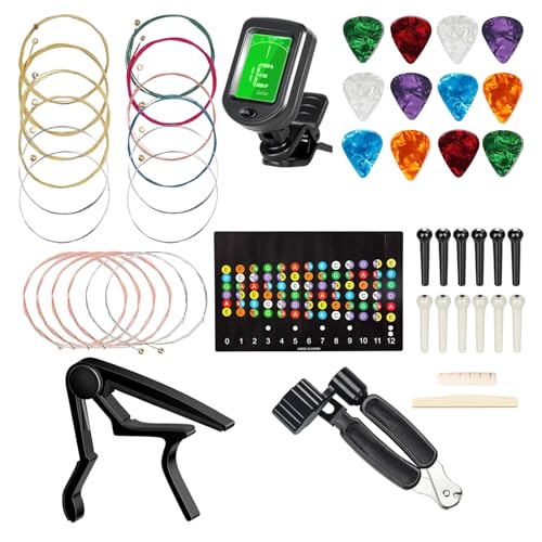 JINWEE Guitar Accessories Kit Including acoustic Guitar Strings, tuner, capo, 3-in-1 restring tool, picks, bridge pins, guitar nuts saddles and Fretboard Stickers(48 Pcs)