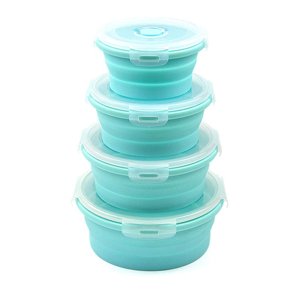 URBESTCollapsible Bowls, Silicone Food Storage Containers with Lids for Camping, Set of 4 Round Silicone Lunch Containers, Microwave and Freezer Safe (Blue, 4)