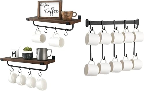 Miniatura 1 de Mkono Soporte para tazas de café montado en la pared juego de 2 estantes flotantes rústicos y 1 colgador de taza de metal con 5 ganchos dobles