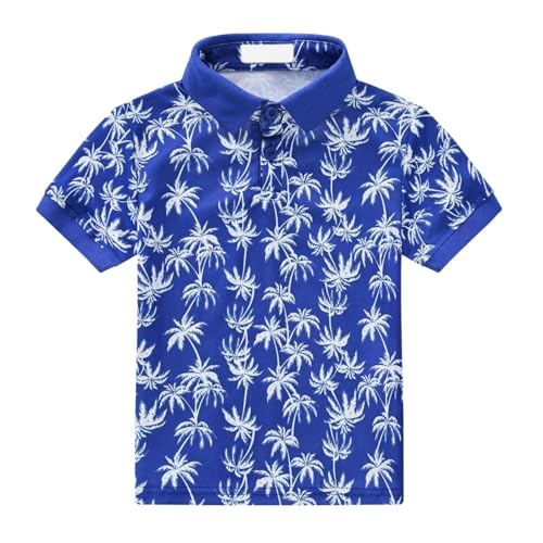 Kids Boys Polo Shirt Breathable Short Sleeve Classic Polos Toddler Tropical Floral Graphic (Dark Blue-4, 7-8 Years)