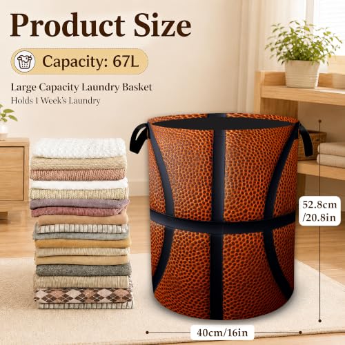 Image of Basketball Texture Laundry Basket with Handles, Foldable Tall Oxford Clothes Hamper, Lightweight Water-Resistant Storage Bin for Bedroom Bathroom College Dorm, 16 x 20.8 Inch