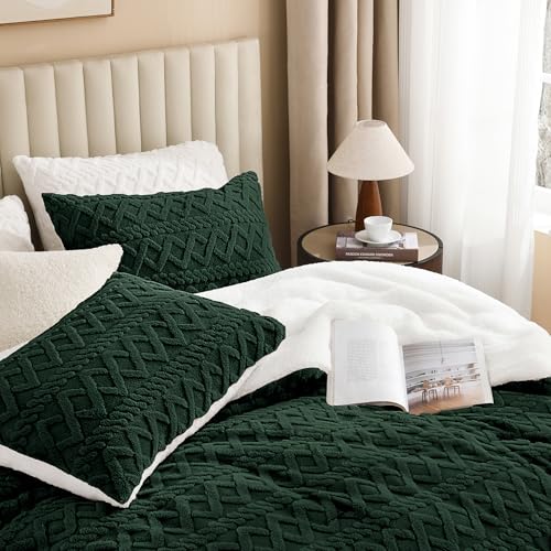 Image of Andency Fluffy Sherpa King Comforter Set, Dark Green Fleece Soft Bedding