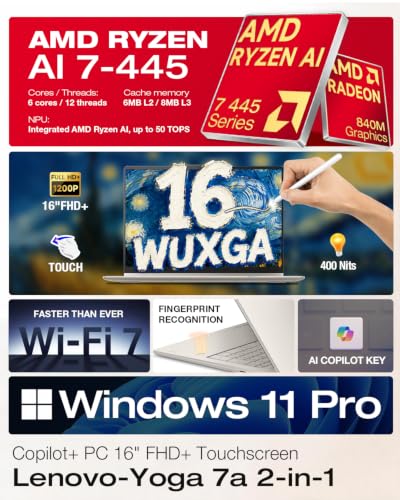 Lenovo Yoga 7a 2-in-1 Laptop, 16" WUXGA IPS Touchscreen Display, AMD Ryzen AI 7 445, 50 Tops NPU, Copilot+ PC, 16GB LPDDR5x, 1TB SSD, Wi-Fi 7, Backlit Keyboard, Fingerprint, Windows 11 Pro - image 2