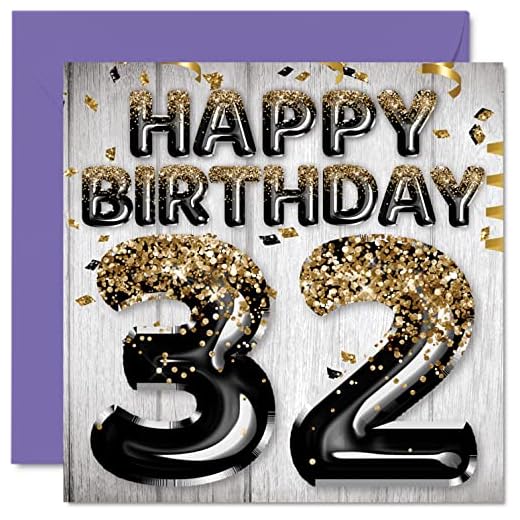 Tarjeta de cumpleaños número 32 para hombres, globos negros y dorados con purpurina, tarjetas de feliz cumpleaños para hombre de 32 años, amigo, hermano, papá, tío, 145 mm x 145 mm, 32 tarjetas de