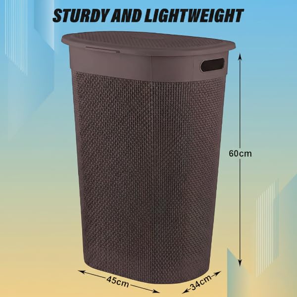 Image of KITCHIVO Plastic Large 55 Ltr Laundry Basket with Lid & Handle | Multipurpose Hamper Bins Storing Washable Clothes, Blankets | Household Ideal for Home & Bathroom (Woods Beige Laundry Basket)