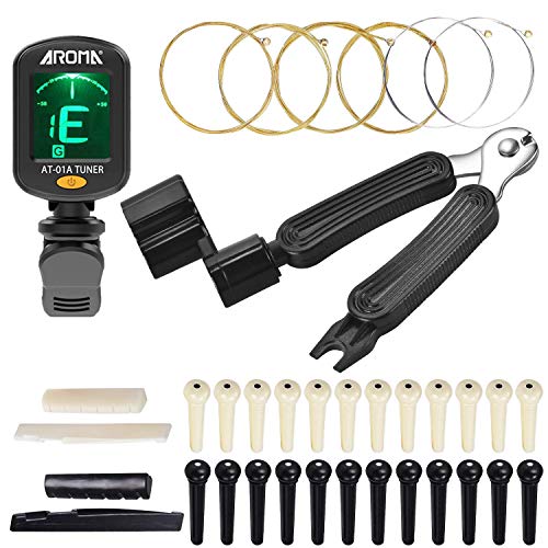 MOREYES Acoustic Guitar Strings Tuner Bridge Pins Guitar Saddle Nut and Pin Puller Strings Winder Stings Clipper 3 in 1 Tool (Ivory & Black)