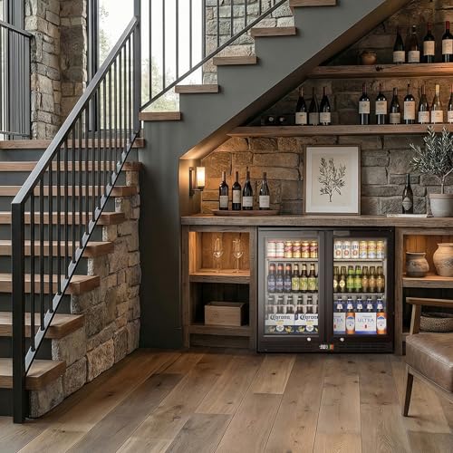 Image of Coolake Back Bar Cooler Refrigerator with 2 Glass Doors, 7.4 cu.ft Commercial Under Counter Height Beverage Refrigerator with LED Lighting, Display Drink Fridge for Home Bar, Man Cave, Garage, Office