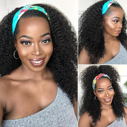Image of Celiarita Headband Wig Human Hair Kinky Curly 24 inch None Lace Front Wig Human Hair Machine Made Wigs Glueless Curly Hair Headband Half Wigs for Black Women Natural Color