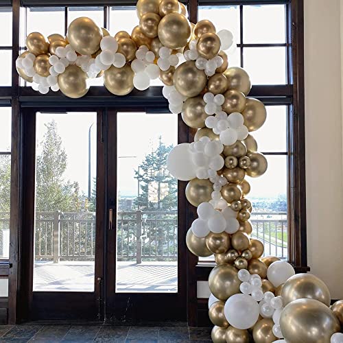 Image of White and Gold Confetti Garland Arch Kit with 120 Pieces of 12 Inch 10 Inch and 5 Inch Latex Metallic for Birthday Wedding Anniversary Valentine Celebration Party Decoration Supplies