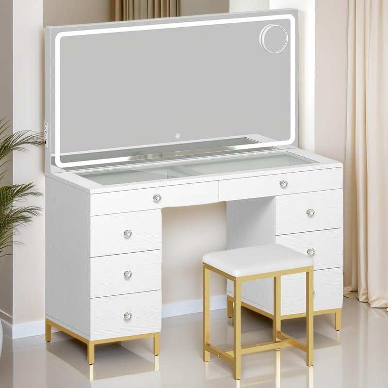 DWVO Vanity Desk with Led Lighted Mirror, Power Outlet and Magnifying Glass, 8 Drawers Makeup Table, 3 Color Modes for Bedroom and Dressing Room, White