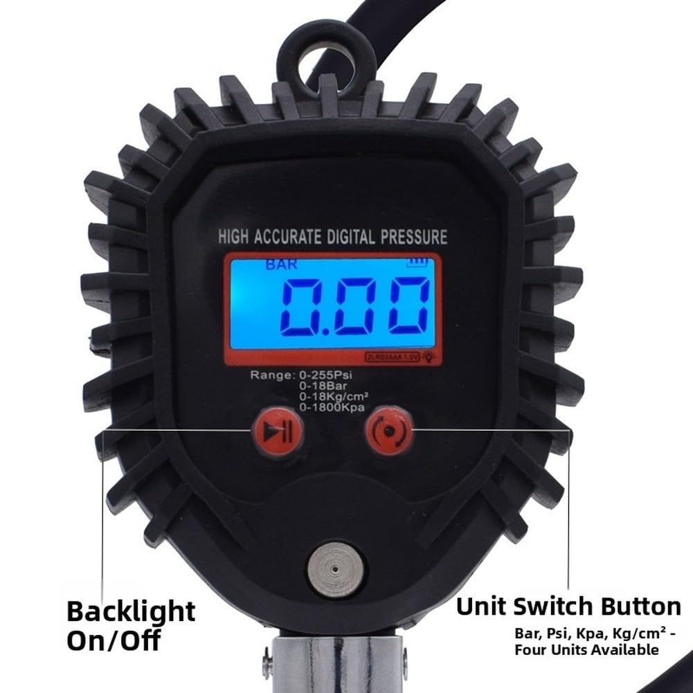 Manomètre numérique de pression des pneus 0-255 PSI avec LCD, 4 unités, tuyau