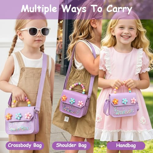 Image of PATPAT Flower Sling Bag for Girls, Fashion Purple Cute Hand Bag for Girls Shoulder Bags Stylish Gifts for Kids Age 3-8 Purse for Girl Cross Body Bags for Woman, 13x5.5x13cm