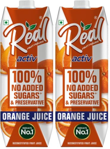 Image of Real Activ Orange Fruit Juice - 1L | 100% No Added Sugars & Preservatives | Rich In Vitamin C | Goodness Of Best Oranges | Tasty, Refreshing & Energizing Fruit Drink (Pack of 2)