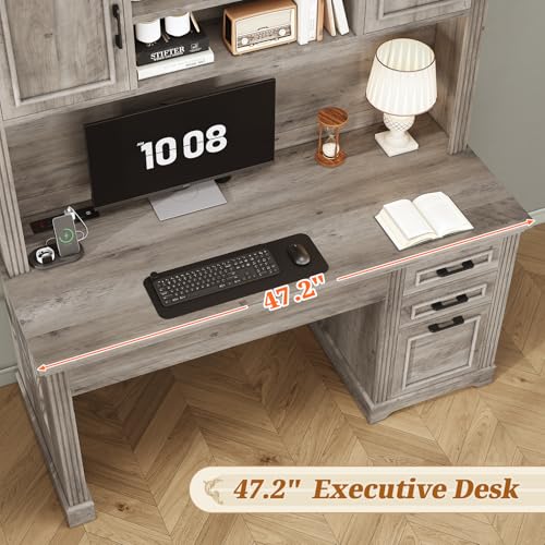 Image of SEDETA Office Desk with 3 Drawers, 47.2 inch Executive Computer Desk with Storage Drawers and Hutch Cabinet, Wood Farmhouse Desk with Power Outlet for Home Office, Grey