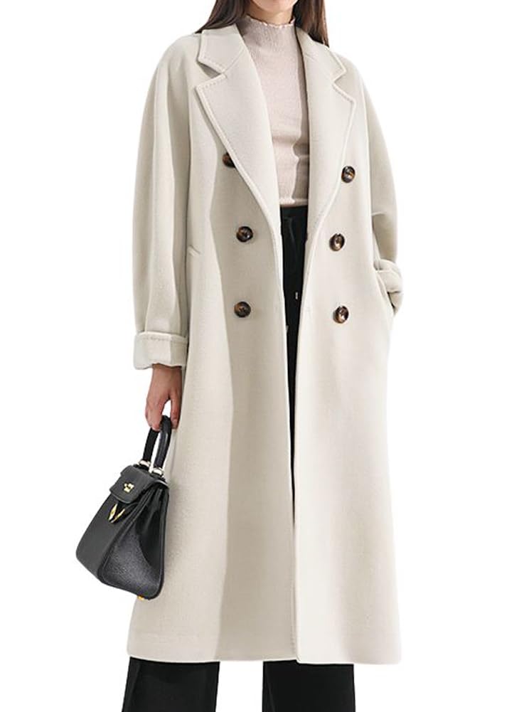 chouyatou Womens Winter Double Breasted Wool Coat Business Casual Midi Long Winter Trench Coat with Belt
