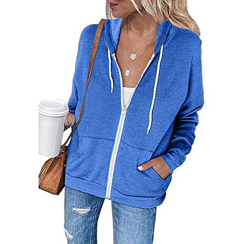iMixCity Sudadera con Cremallera y Capucha Mujer Sudaderas con Capucha Sueltas Casuales de Manga Larga Abrigo de Chaqueta con Cremallera de Color Liso (2XL, Azul) Cover
