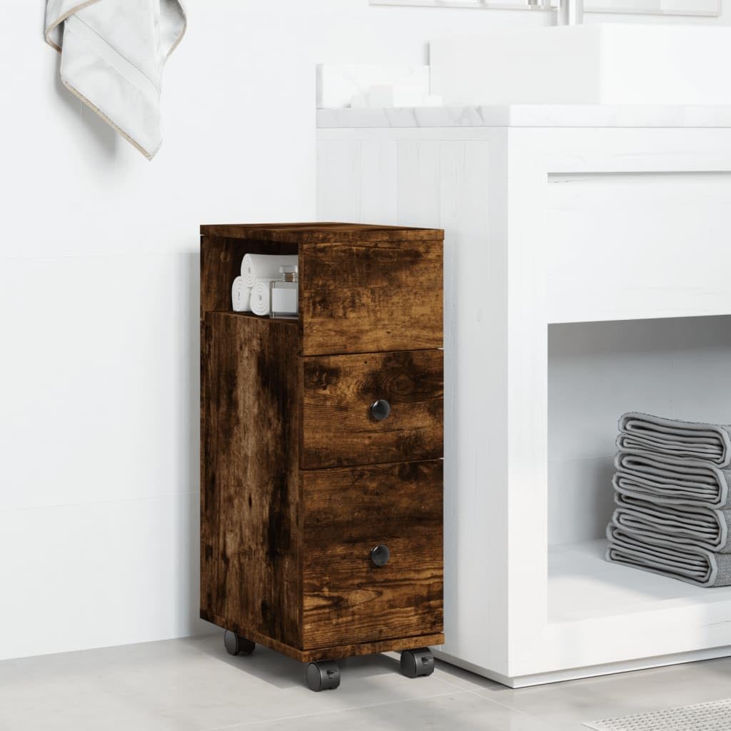 Mobile Bagno Stretto con Ruote Rovere Fumo Truciolato 2 Cassetti 23x33x65
