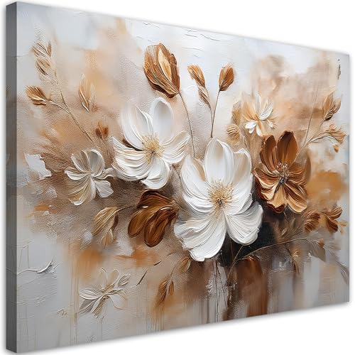 Feeby - Impression sur Toile - Deco Tableau Murale Intissé - Blanc Fleurs sauvages brunes peintes - 60x40 1partie - Photo Peinture - Pour Chaque Pièce de...