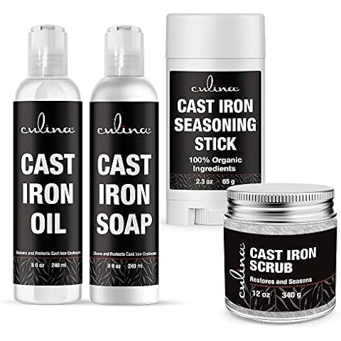 Culina Cast Iron Seasoning Stick & Soap & Oil Conditioner & Restoring Scrub | All Natural Ingredients | Best for Cleaning, Non-stick Cooking & Restoring | for Cast Iron Cookware, Skillets, Pans Cover