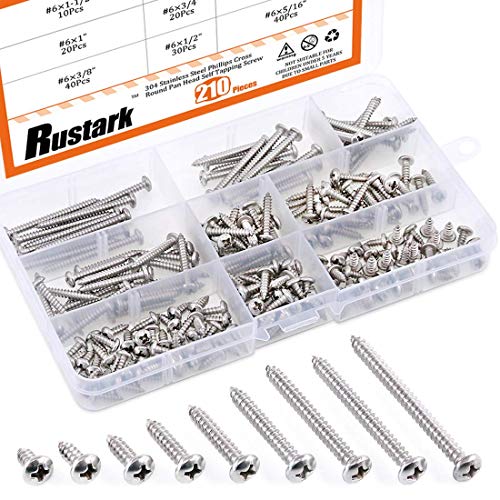 Rustark 210-Pcs [# 6 5/16'' to 1-1/2''] 304 Stainless Steel Round Pan Head Phillips Cross Wood Screws Drive Self Tapping Drilling Screws Assortment Kit