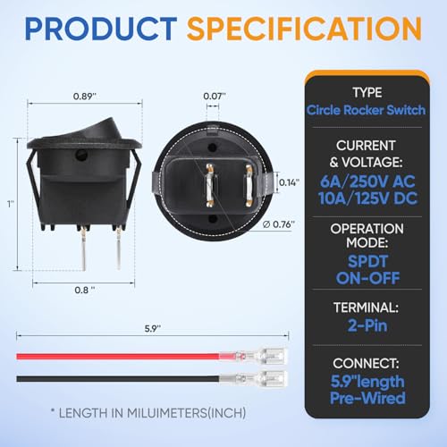 Xinyiele XY-12-02 Volt Round Rocker Switch,On Off Rocker Dc Switch,Round Toggle Switch,2 Pin Spst Switch Button 6A/250V 10A/125V Ac Small Electric Switch thumb #1