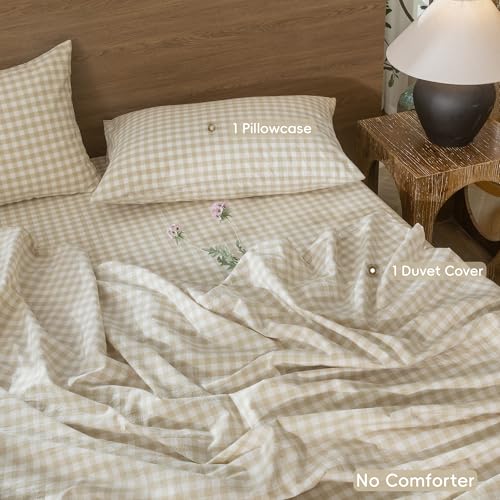 Image of MooMee Gingham Duvet Cover Set 100% Washed Cotton Linen Like Textured Breathable Durable Soft Comfy Modern Checkered Design (Almond Milk Grey Gingham, Twin 68 inchx90 inch)