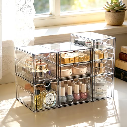 Image of Prsildan Acrylic Drawer Makeup Organizer with 9 Drawers, Set of 3 Office Desk Organizers Accessories, Clear Stackable Storage Drawers for Vanity, Countertop, Craft, Jewelry, Art Supply Organization