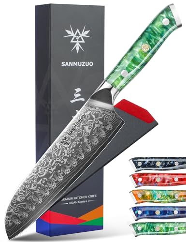 SANMUZUO Santoku Knife - 7 inch - Xuan Series - VG10 Damascus Steel Kitchen Knife - Resin Handle (Jade Green)
