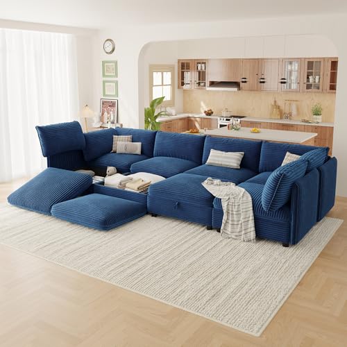Image of Oversized Corduroy Modular Sectional Sofa Bed with Hidden Storage, Convertible L U Sleeper Couch, 8-Seat Modular Sofa Free Combination with Ottoman & Removable Covers for Living Room, Blue