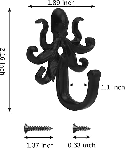 Miniatura 2 de Paquete de 5 ganchos de pared para colgar abrigos, bufandas, bolsos, mochilas, mochilas, decoración del hogar (pulpo negro)