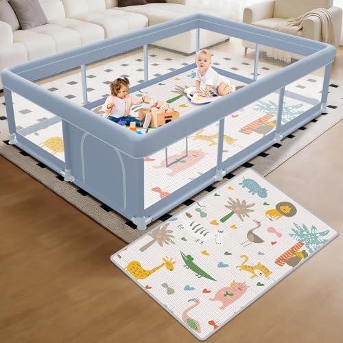 Image of XVISHX 74 x 50 Inch Baby Playpen with Mat, Playpen for Babies and Toddlers, Baby Playard for Indoor & Outdoor Active Center Game Fence, with Skin-Friendly Fabric and Soft Breathable Mesh, Grey
