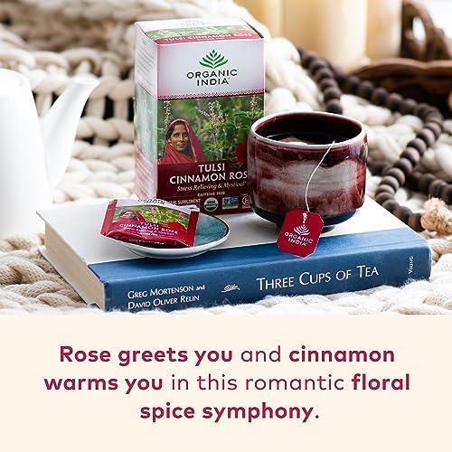 Image of ORGANIC INDIA Tulsi Cinnamon Rose Tea Bags - Tulsi Rose, Cinnamon with Holy Basil, Chamomile, Stevia, USDA Certified Organic Caffeine Free Herbal Tea - 18 Infusion Bags, 1 Pack