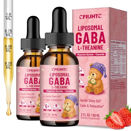 Image of 2 Pack Liposomal GABA L-Theanine Drops for Kids - Liquid GABA Supplement with Magnesium, Chamomile, Lemon Balm & Vitamin B6 - Support Relaxation, Focus & Stress Relief for Kids & Adults - Strawberry