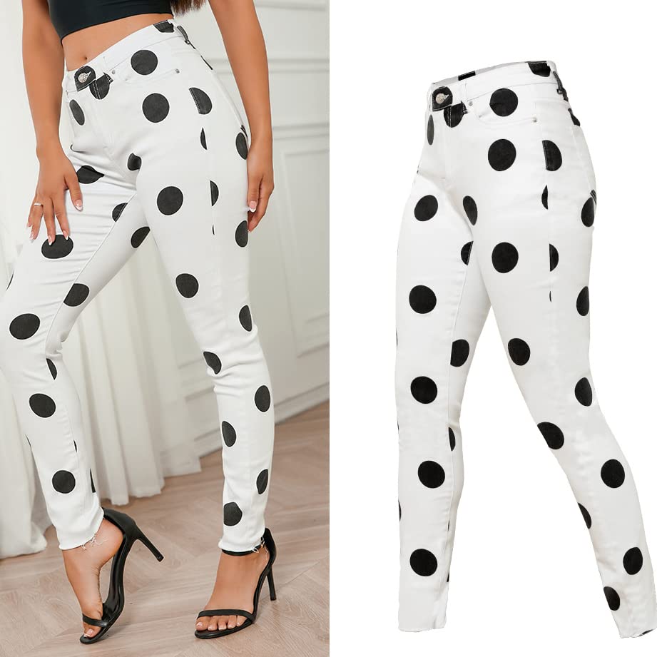 Women's Sexy Polka Dot Print Pencil Jeans White Slim Retro Jeans3