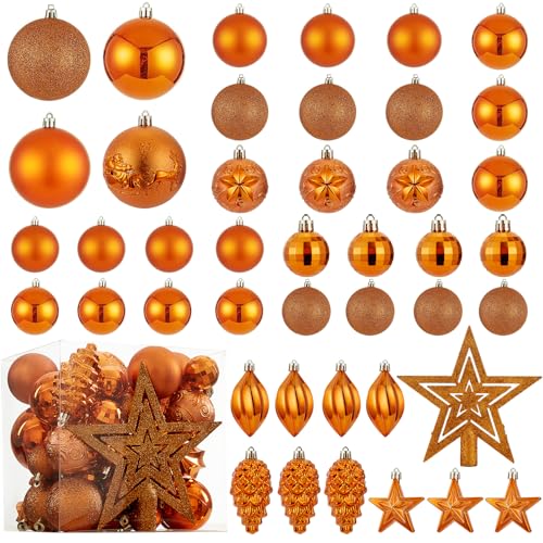 Christmas Ball Ornaments - 43pcs Shatterproof Christmas Tree Decorative Hanging Ornaments with Loop for Xmas Holiday Party Wreath Home Decoration, Orange(Combo of 10 Ball and Shaped Styles)