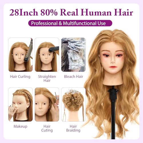 mannequin head with 80 real human hair - 28 inch makeup cosmetology hairdressing training head practice doll head manikin styling head braiding mannequin head