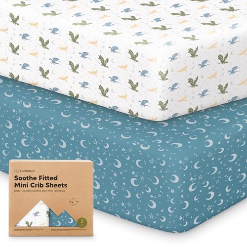 Image of 2-Pack Mini Crib Sheets Fitted - 38x26 Pack N Play Sheets for Pack and Play Mattress, Organic Cotton, Soft & Breathable Playard Bedding, Neutral Mini Toddler Bed Cover for Boys, Girls (Dragon Tale)