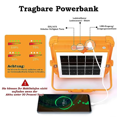 KOLLNIX 100W LED Strahler Akku - Tragbarer LED Arbeitschleucte Baustrahler Akku - Wiederaufladbarer Strahler Solar Power Bank für Camping, Werkstatt, Outdoor, Garage, Keller, Notfall