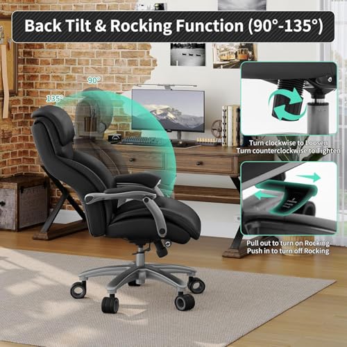 Image of Big and Tall Office Chair with Wide Area Armrest, 600lbs Heavy Duty Desk Chair with Adjustable Lumbar Support, PU Leather High Back Ergonomic Executive Computer Chair