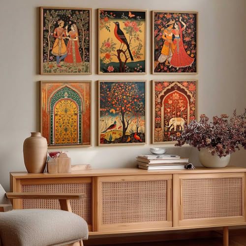Image of kotart Elegant Madhubani Art Wall Painting Traditional Home Decoration With Frame For Living Room Bed Room Hotel Wall Decor Digital Reprint Engineered Wood Set of 6