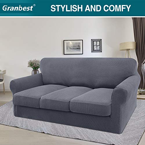 Granbest High Stretch Sofa Seat Cushion Cover Super Soft Couch Seat Cover Sofa Cushion Protector Jacquard Spandex Fabric with Elastic Bottom(3-Piece 3 seater,Grey) - Image 3