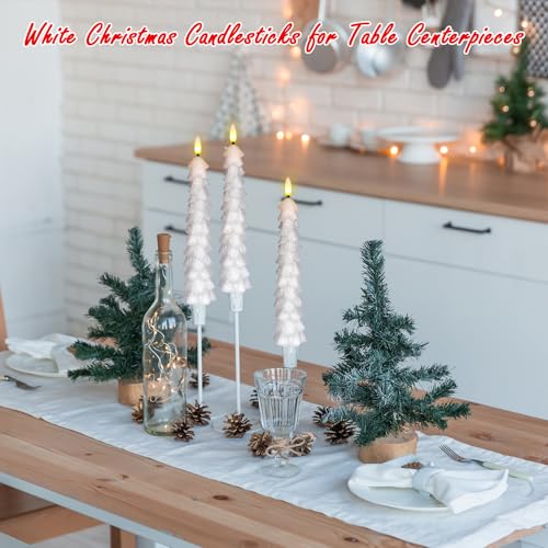 Image of Christmas Tree Candles Battery Operated with Remote, Waxy White Christmas Flameless Tree Taper Candles with Flickering Flame, Set of 3 Winter LED Candlesticks for Xmas Home Decor(0.78 inchx9.8 inch)
