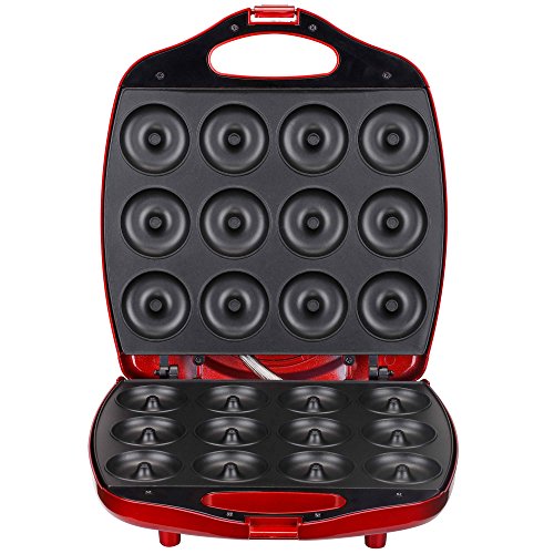 VonShef 12 Mini Donut Electric Maker Kit Set, Small Donut Snack Machine, Red